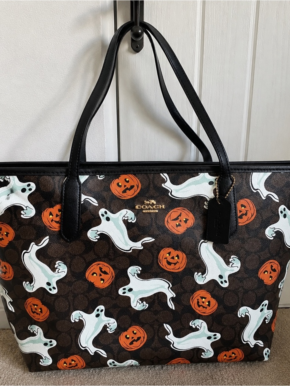 Coach Black Tote with White Ghosts & Orange Pumpkins - Picture 2 of 3